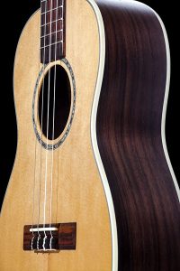 Ohana ukuleles solid spruce laminate rosewood baritone front details BK 70