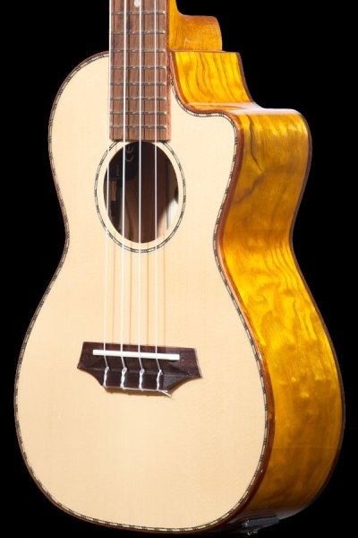 Ohana acoustic electric solid spruce and willow concert ukulele with cut away CK 70WCE front details